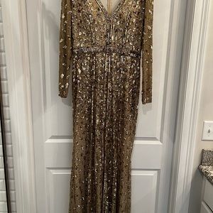 Mac Duggal embellished long sleeve evening gown in antique gold
